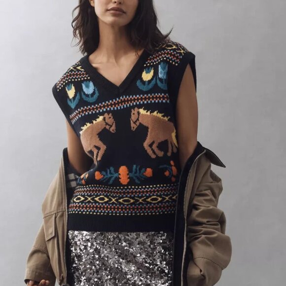 Anthropologie Horse Icon Sweater Vest Equestrian Western English Factory S NWT - Picture 3 of 5